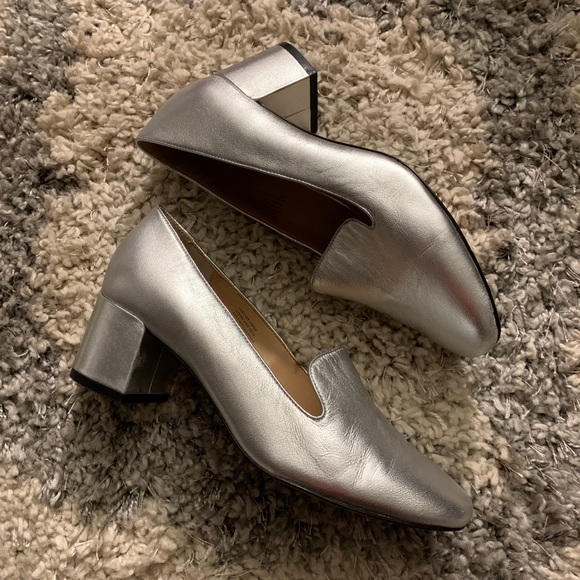 silver block heel court shoes